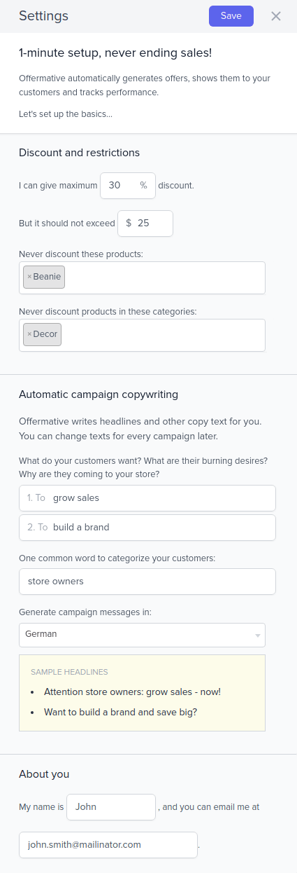 Offermative settings screen